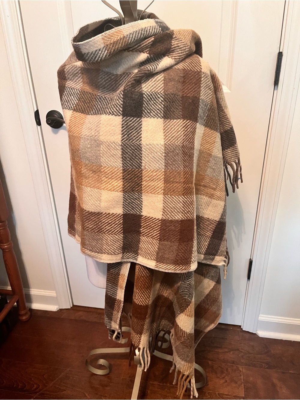 The Tartan Blanket Co Recycled Wool Oversized Plaid Scarf Wrap Fringe Brown